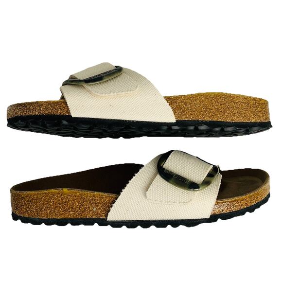 Birkenstock Madrid Big Buckle Rivet Logo 38 Narrow Canvas Eggshell Sandal NWOB - Picture 2 of 8